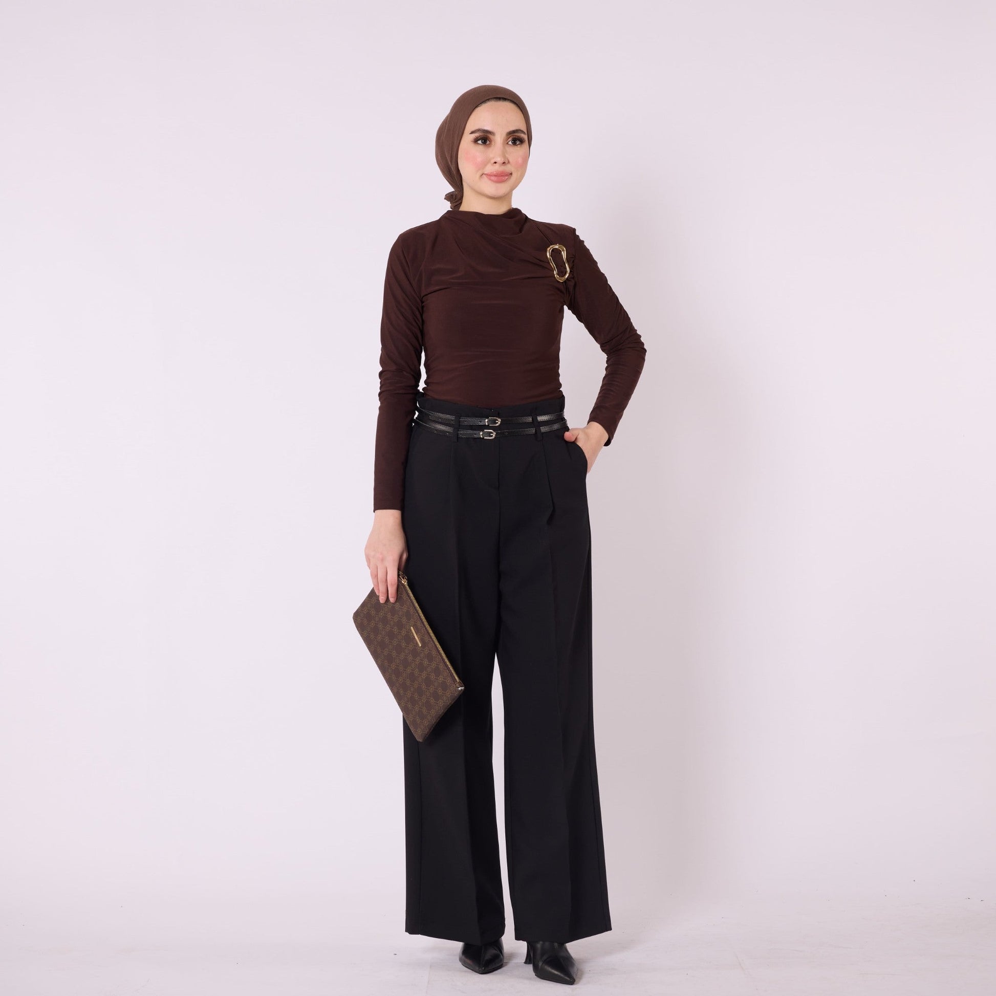 Pleated Wide Leg Trousers With Double Belt Accent