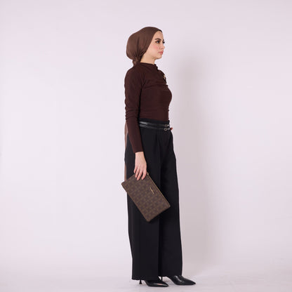 Pleated Wide Leg Trousers With Double Belt Accent