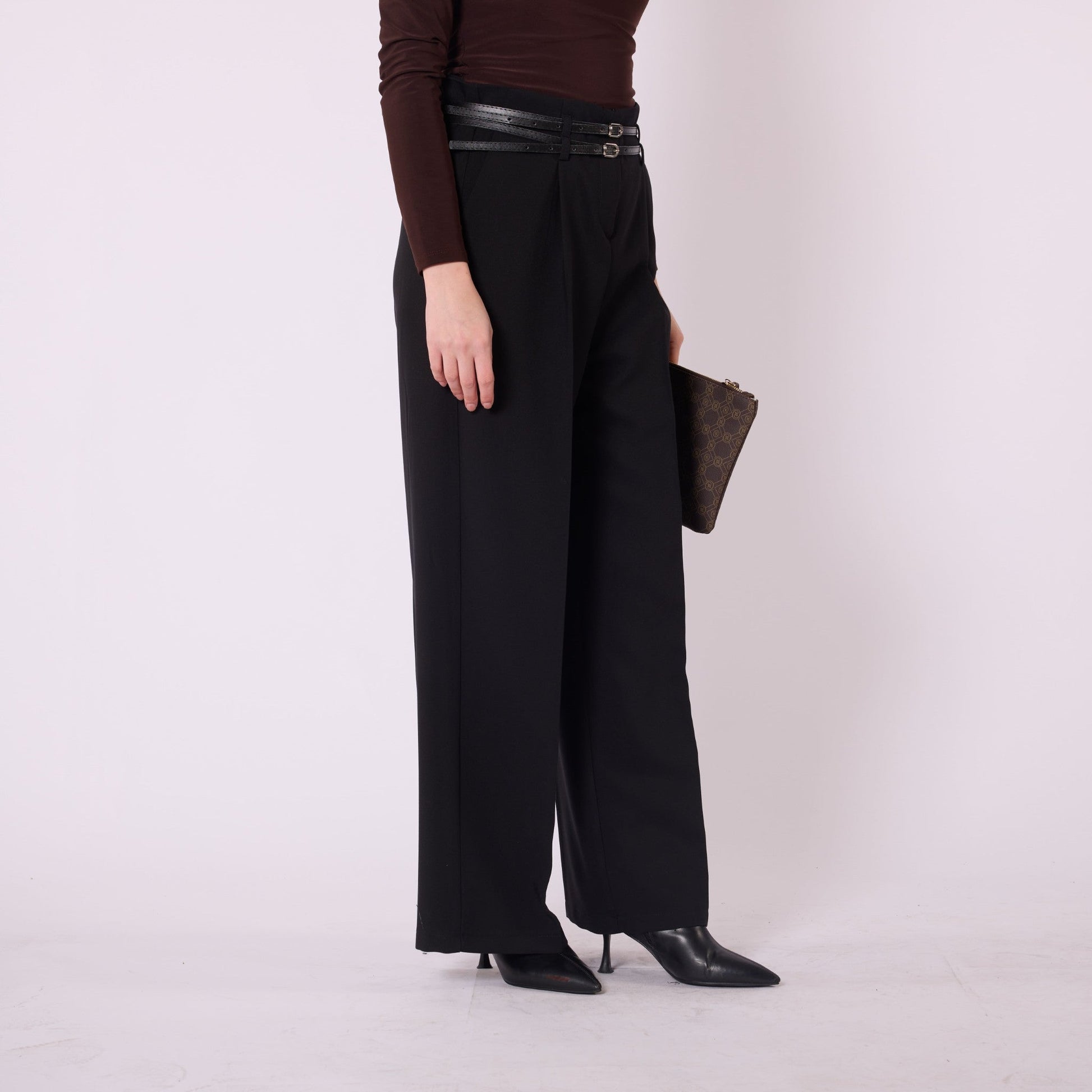 Pleated Wide Leg Trousers With Double Belt Accent