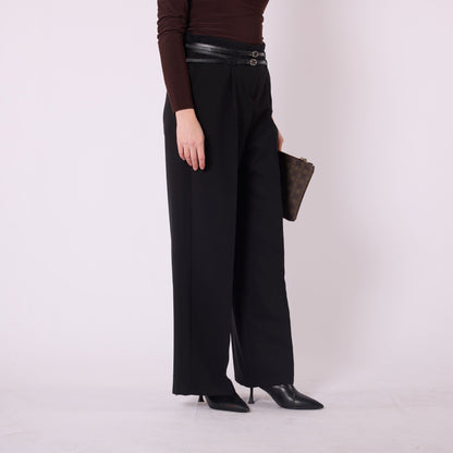 Pleated Wide Leg Trousers With Double Belt Accent