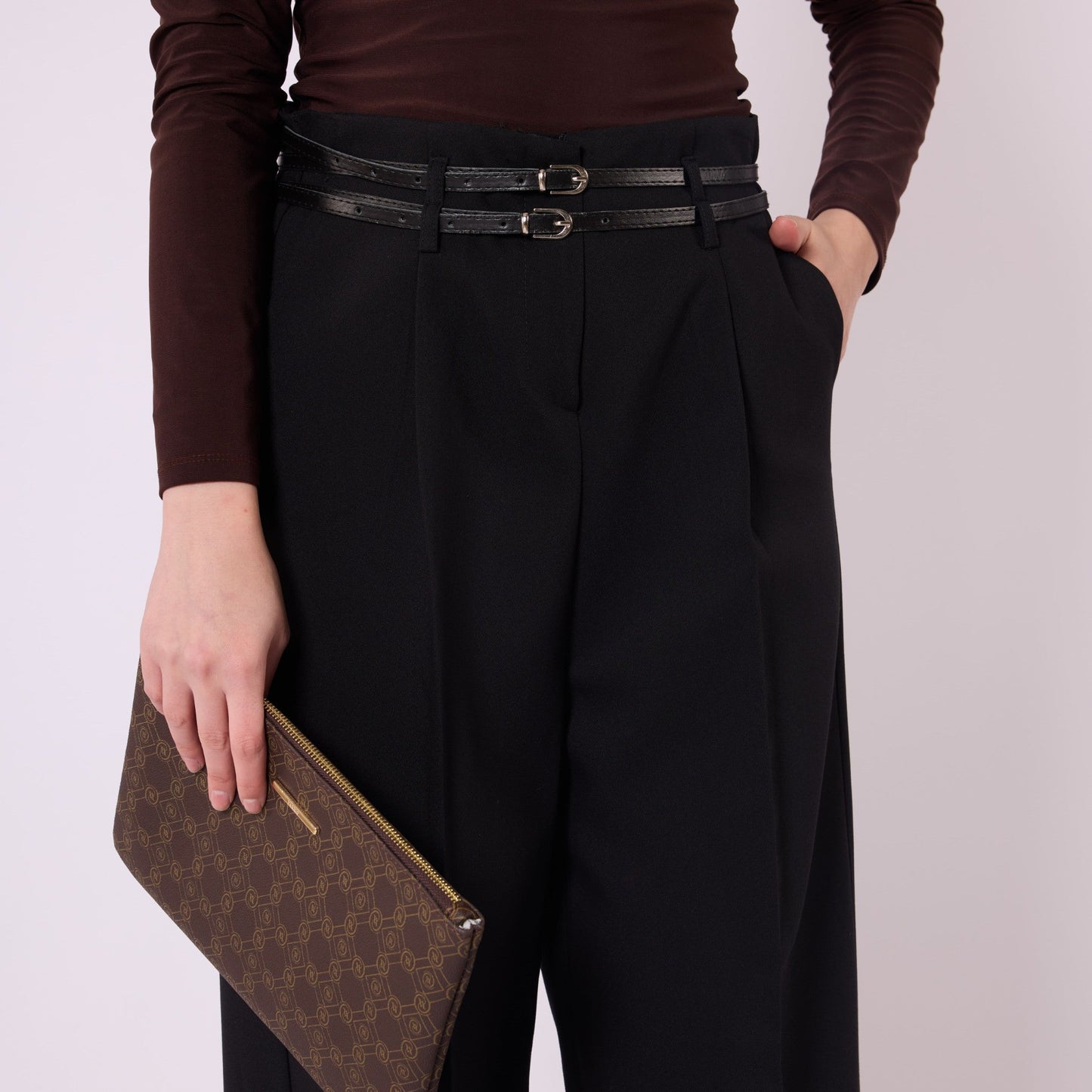 Pleated Wide Leg Trousers With Double Belt Accent