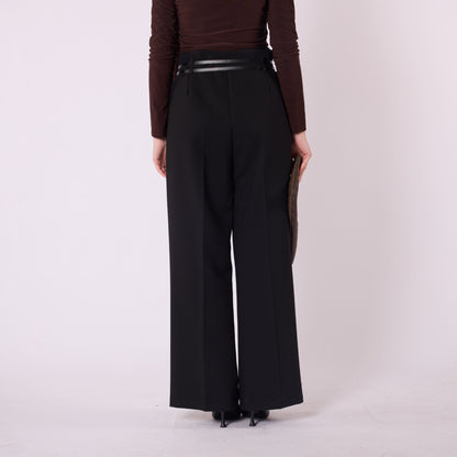 Pleated Wide Leg Trousers With Double Belt Accent