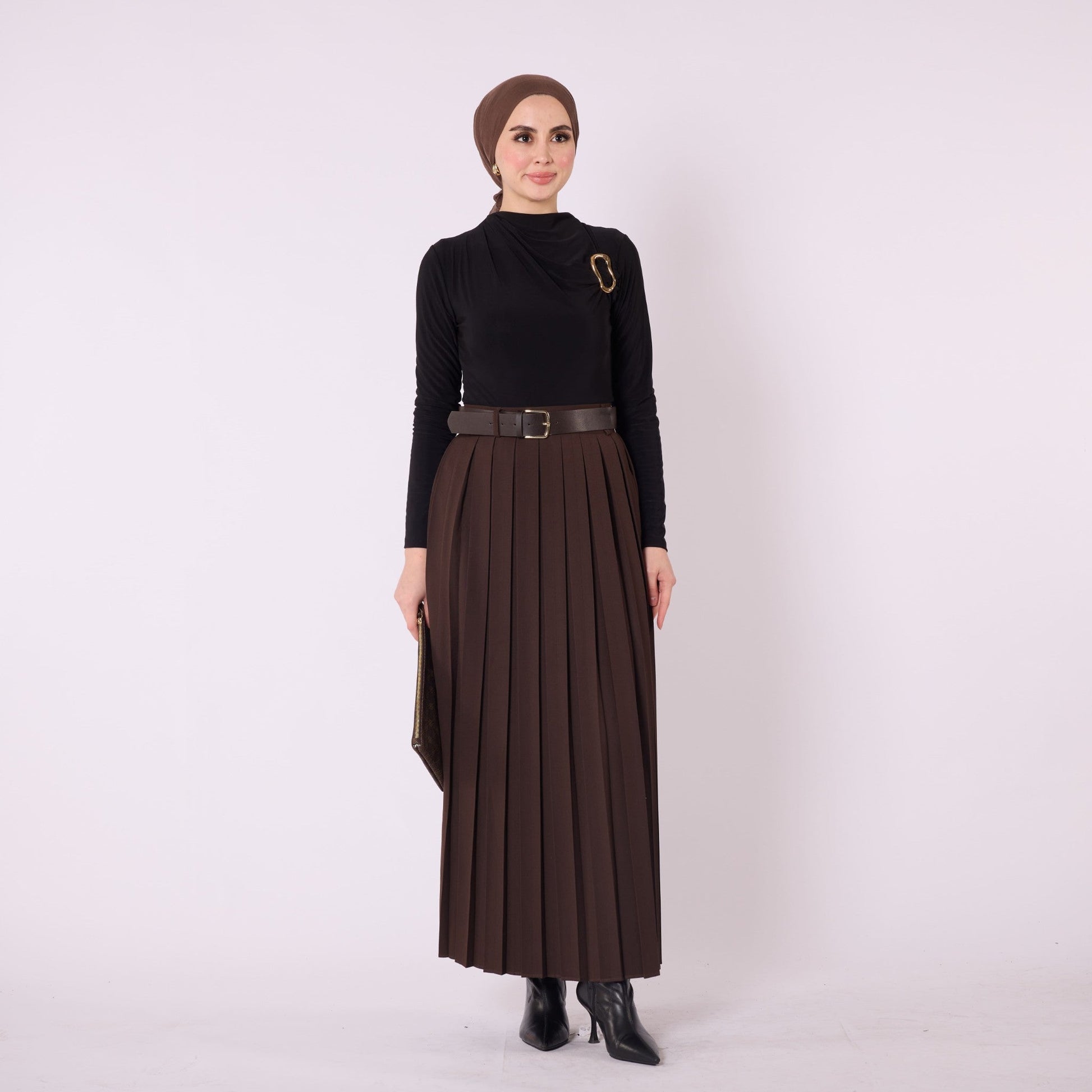 Pleated Flowing Long Skirt With Belt Detail