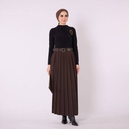 Pleated Flowing Long Skirt With Belt Detail