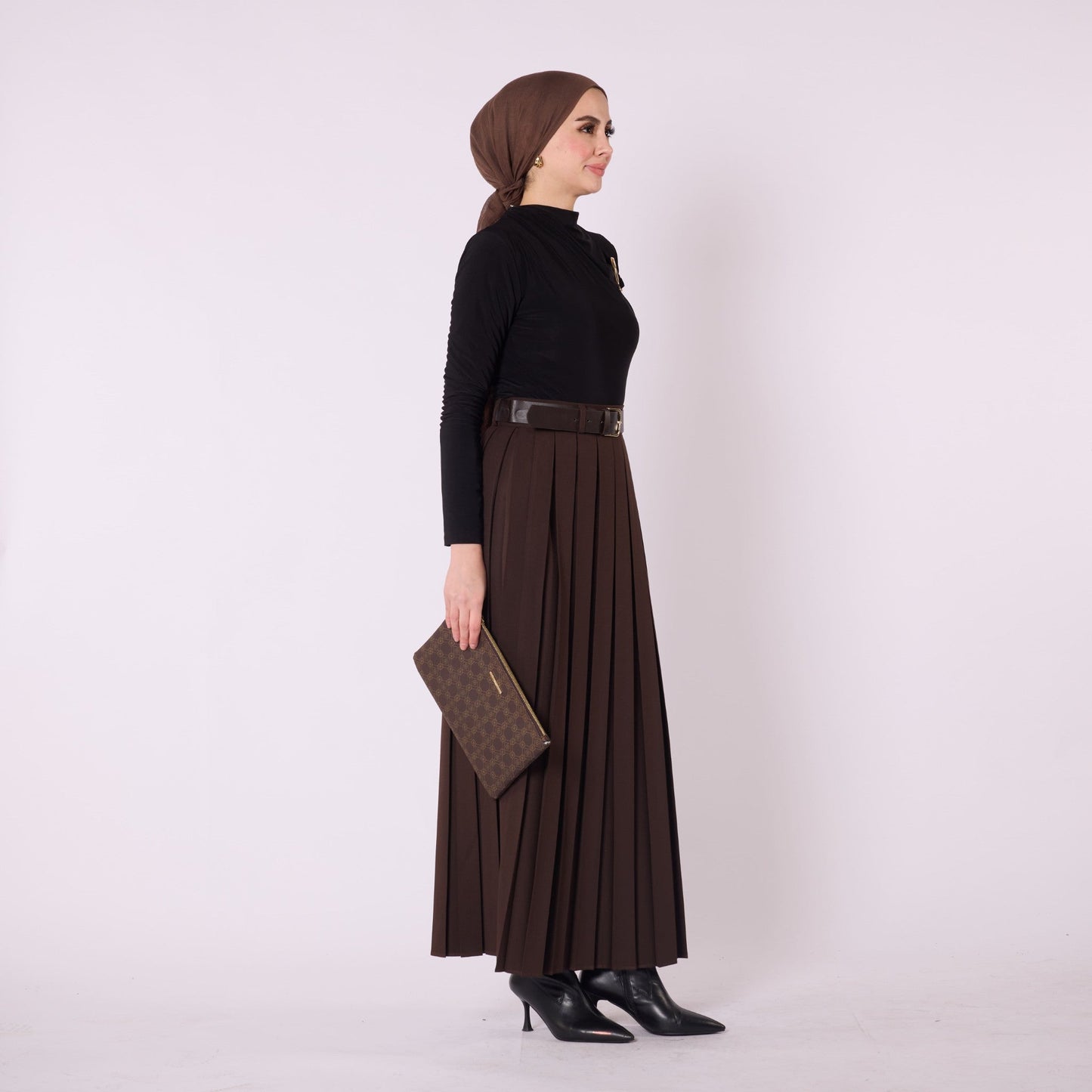 Pleated Flowing Long Skirt With Belt Detail