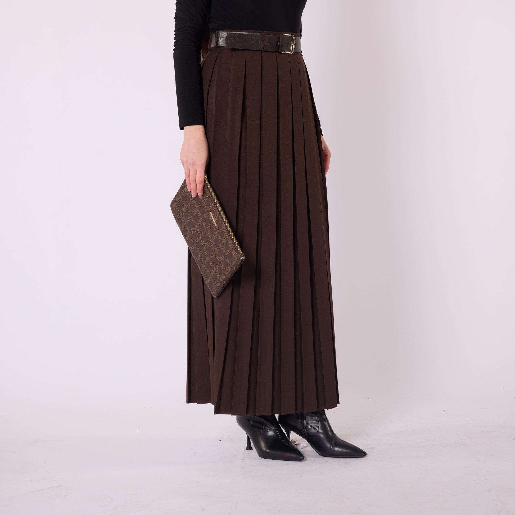 Pleated Flowing Long Skirt With Belt Detail