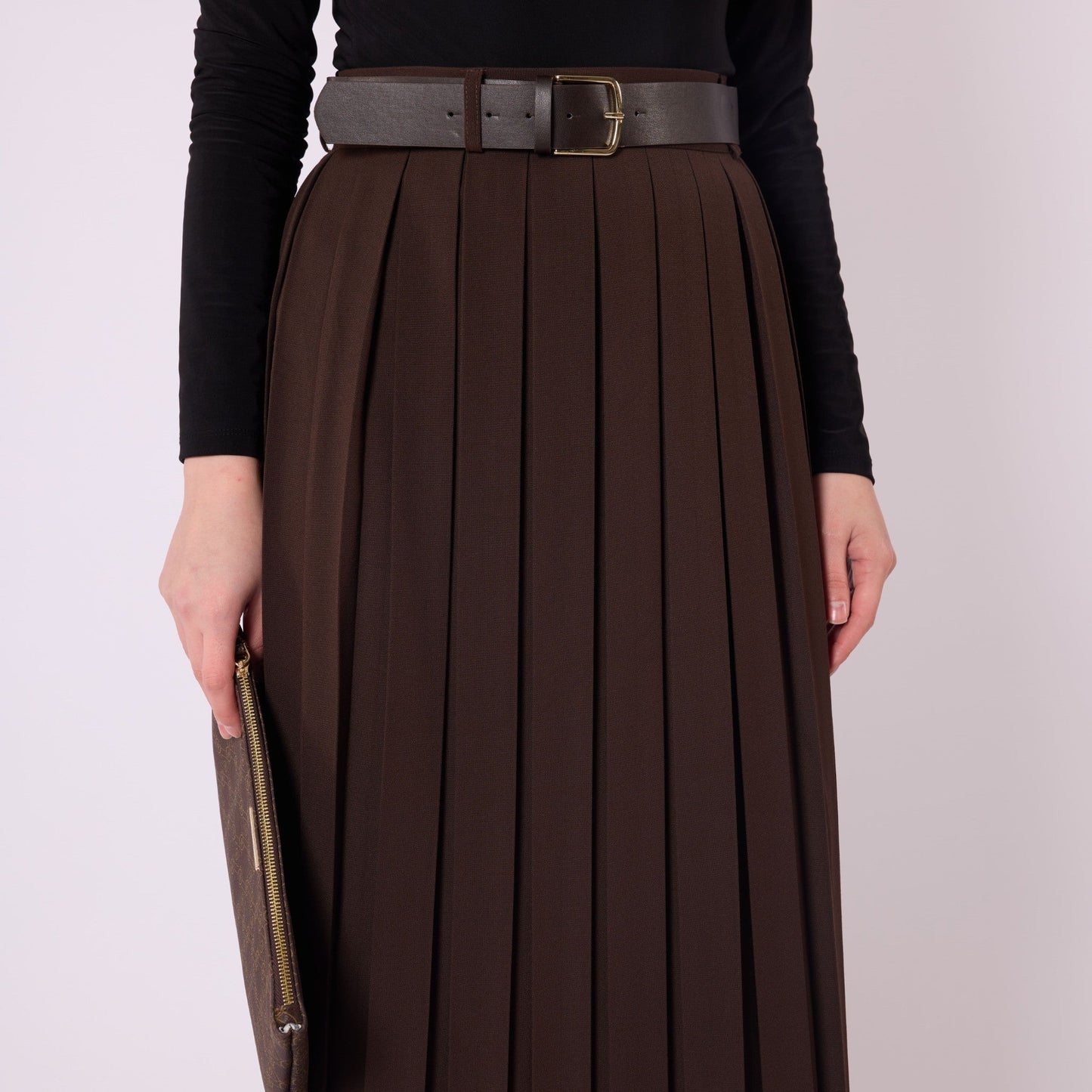 Pleated Flowing Long Skirt With Belt Detail