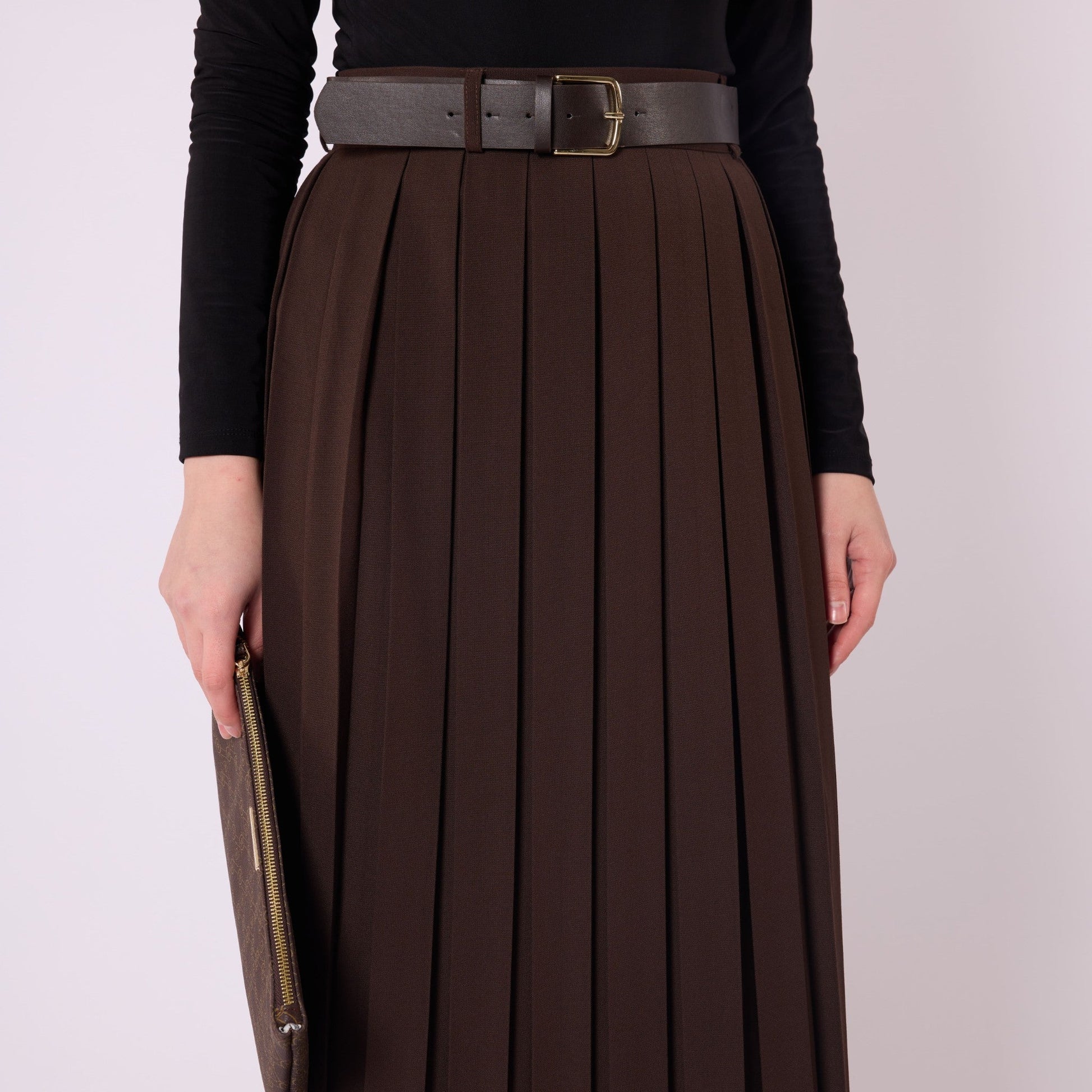 Pleated Flowing Long Skirt With Belt Detail
