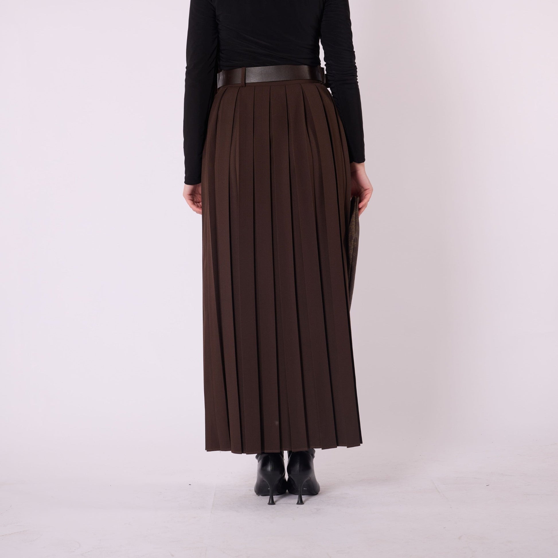 Pleated Flowing Long Skirt With Belt Detail