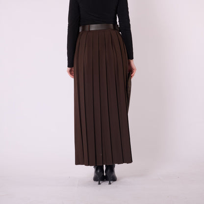 Pleated Flowing Long Skirt With Belt Detail