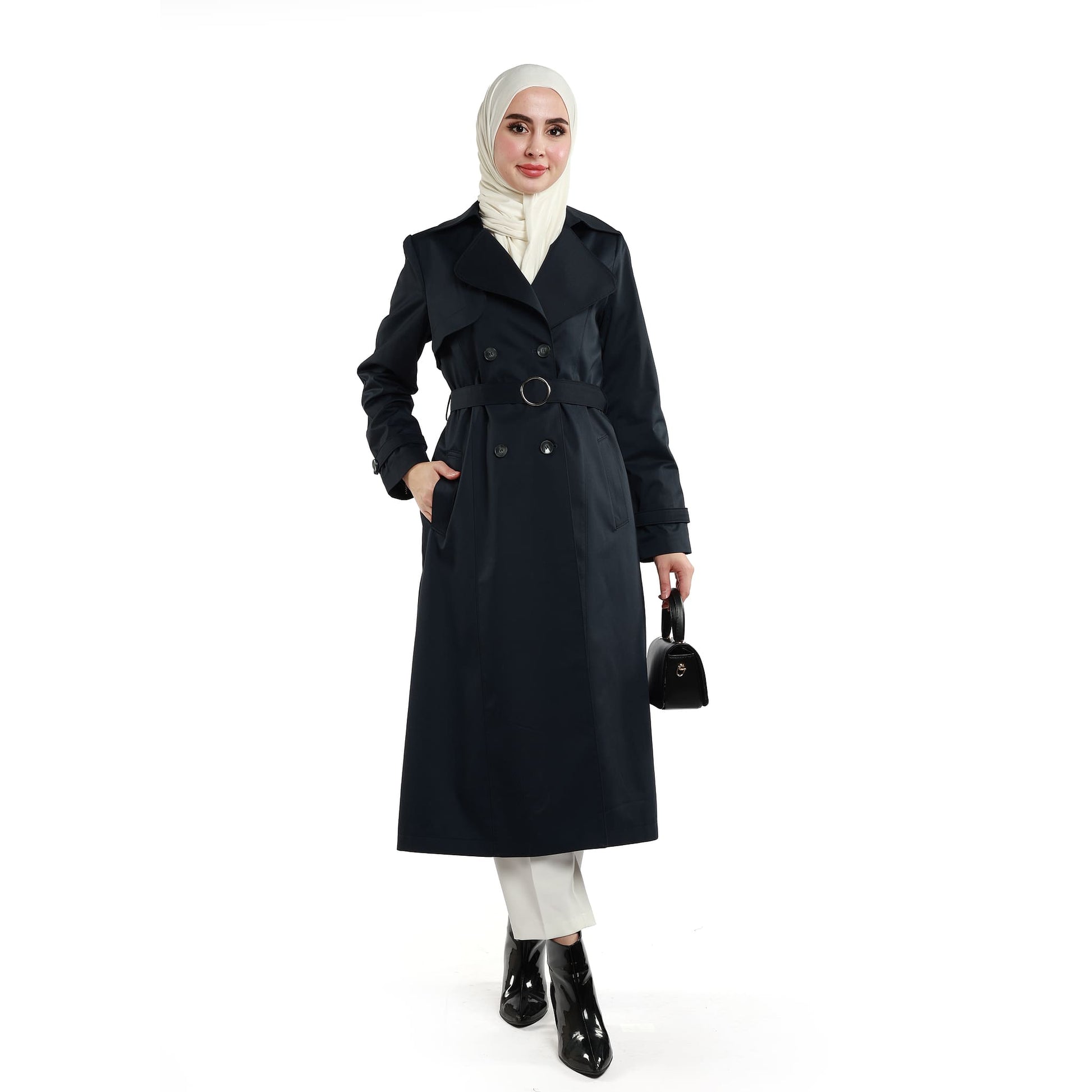 Double-Breasted Belted Polo Collar Lined Coat