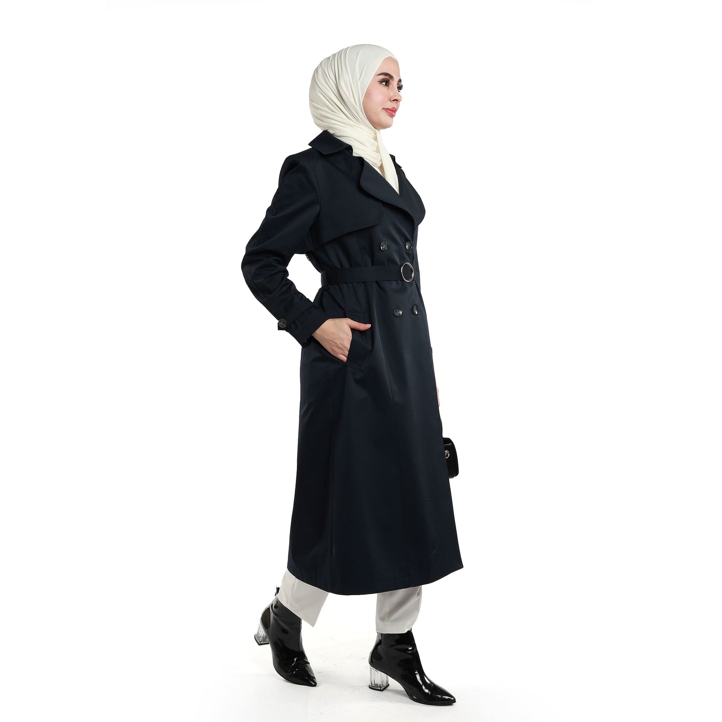 Double-Breasted Belted Polo Collar Lined Coat