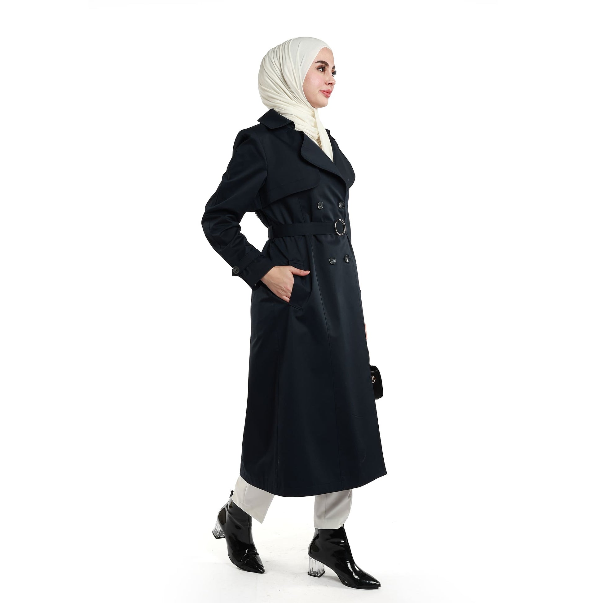 Double-Breasted Belted Polo Collar Lined Coat