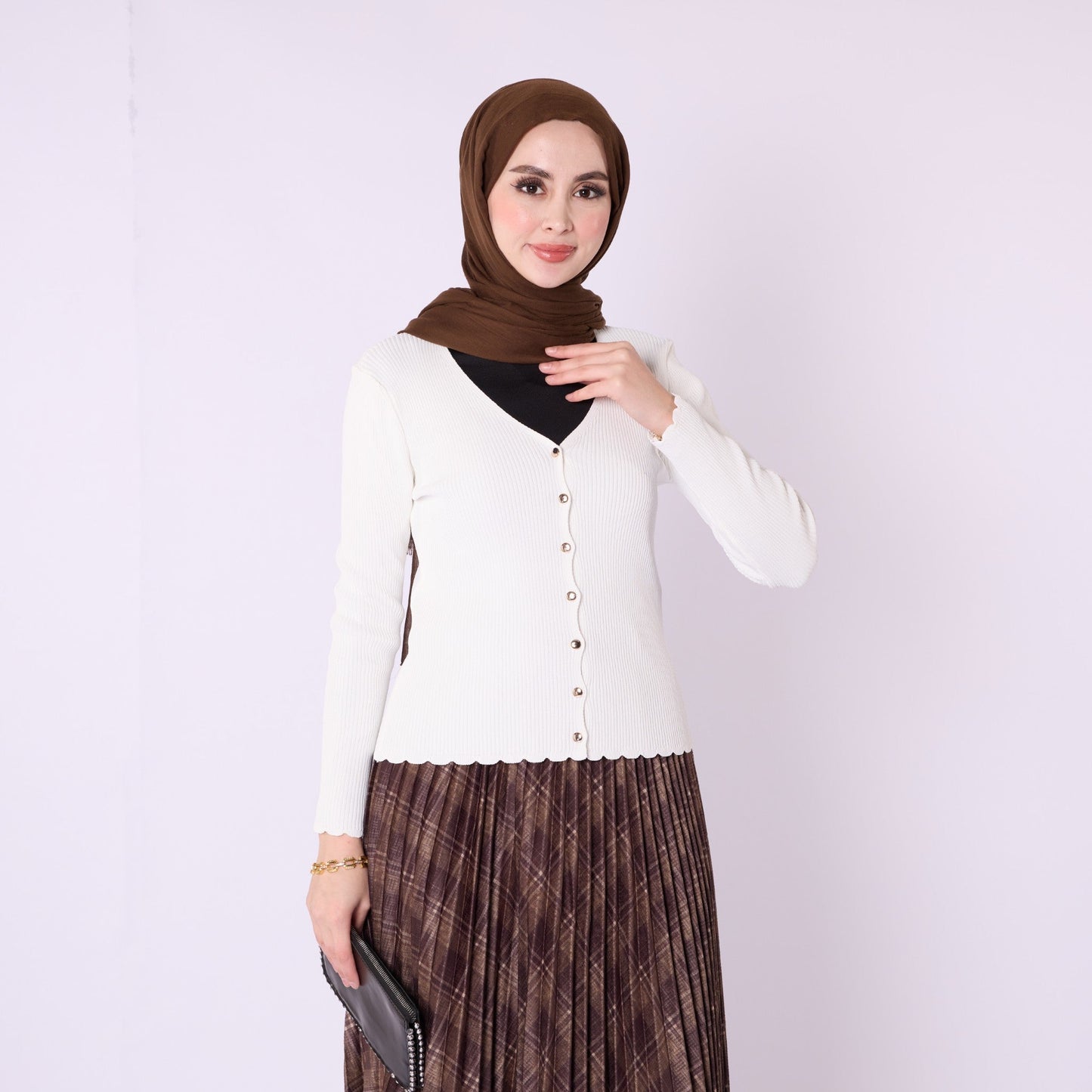 Shiny Button Ribbed Knit Bodysuit Cardigan Design