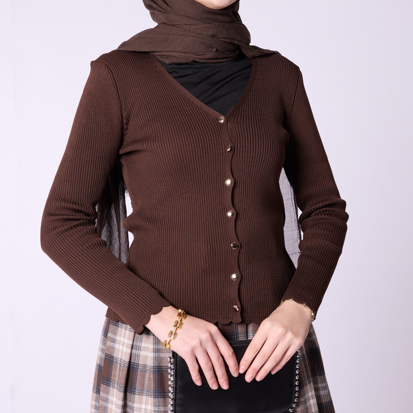 Shiny Button Ribbed Knit Bodysuit Cardigan Design
