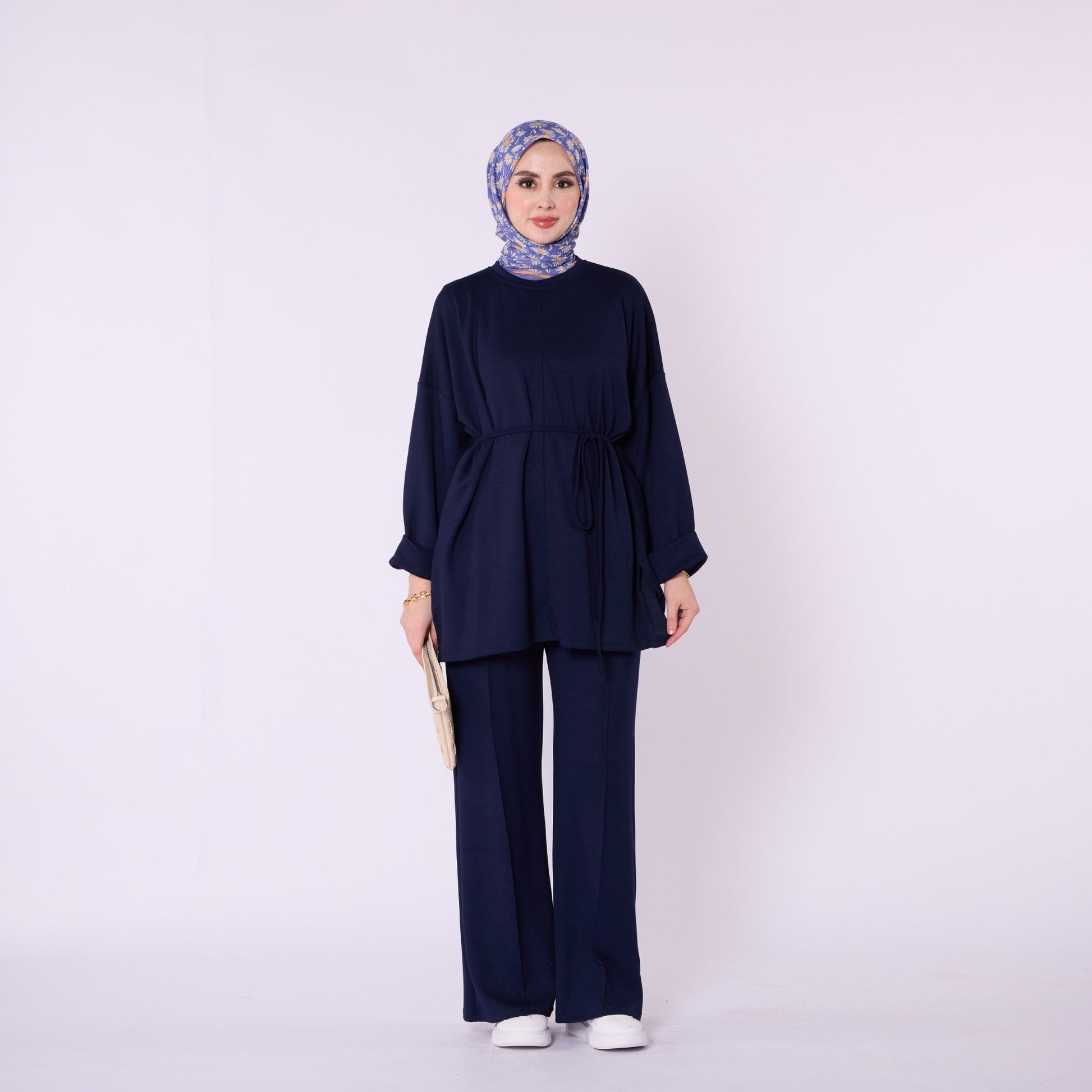 Oversize Pants Set with Drawstring Waist and Sleeve Pleat Detail