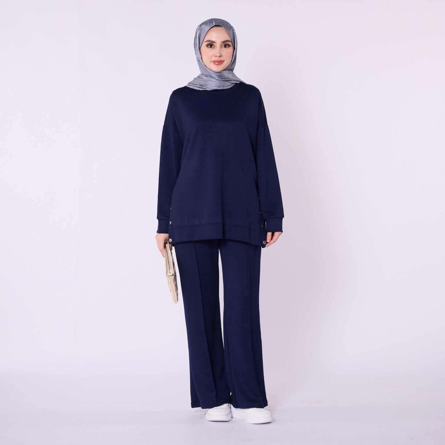 Flare Leg Jersey Two Piece Set With Snap Detail