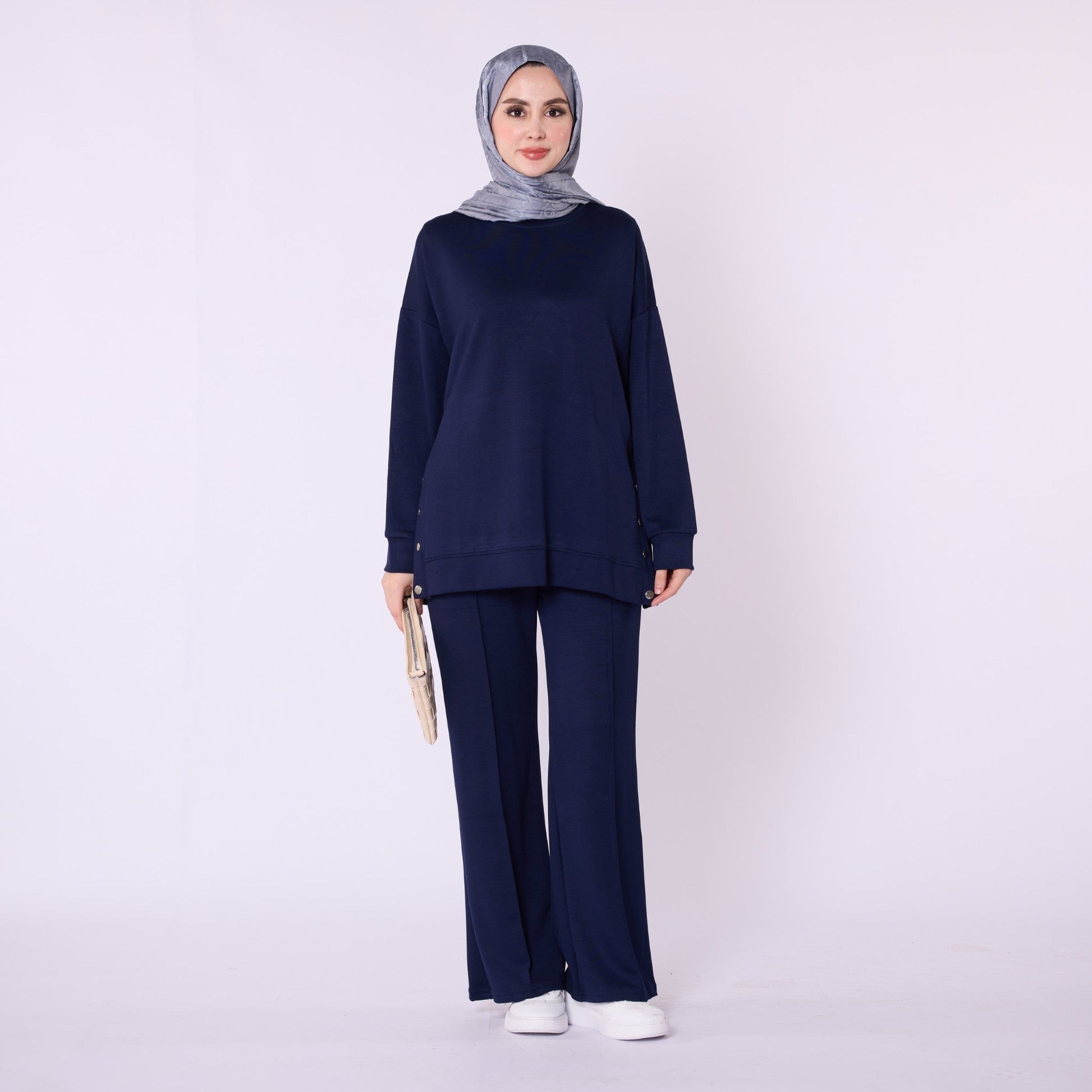 Flare Leg Jersey Two Piece Set With Snap Detail