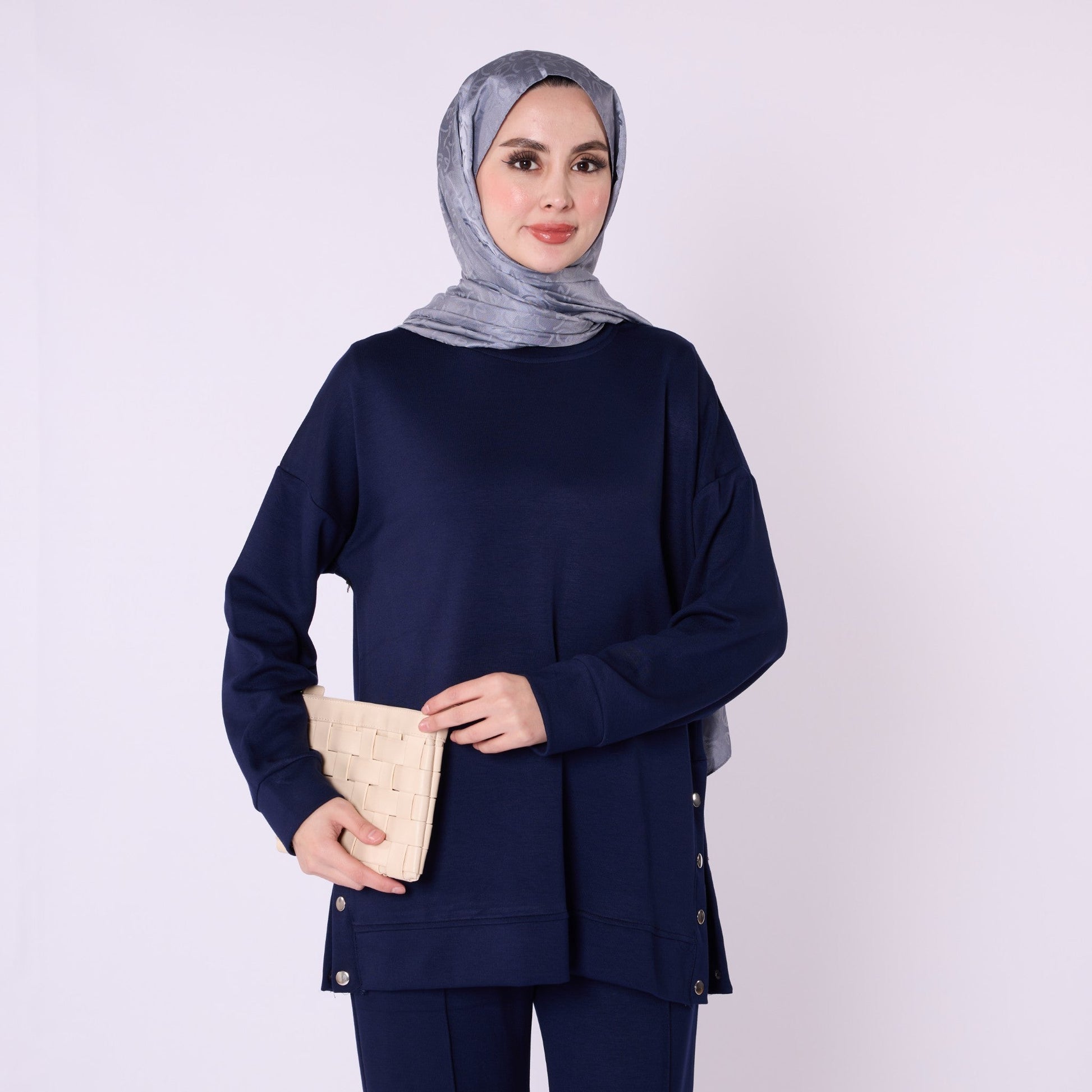Flare Leg Jersey Two Piece Set With Snap Detail