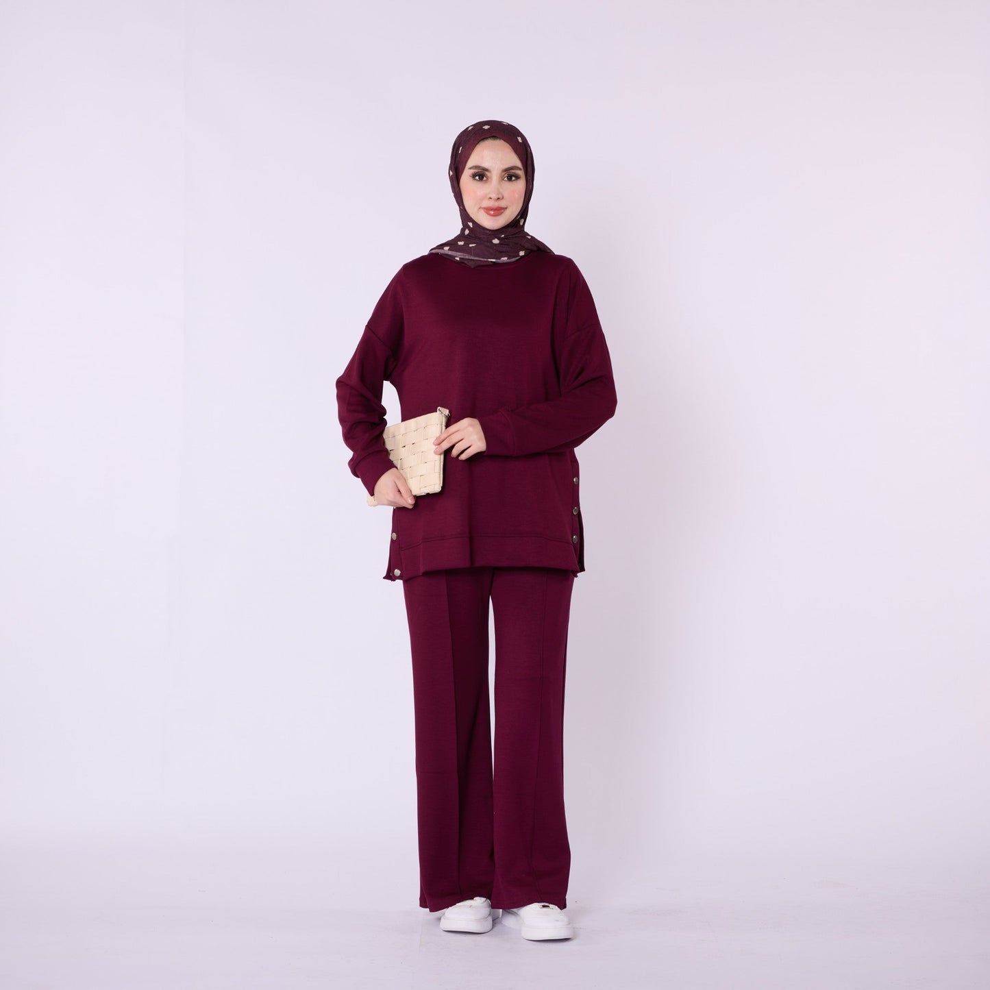 Flare Leg Jersey Two Piece Set With Snap Detail