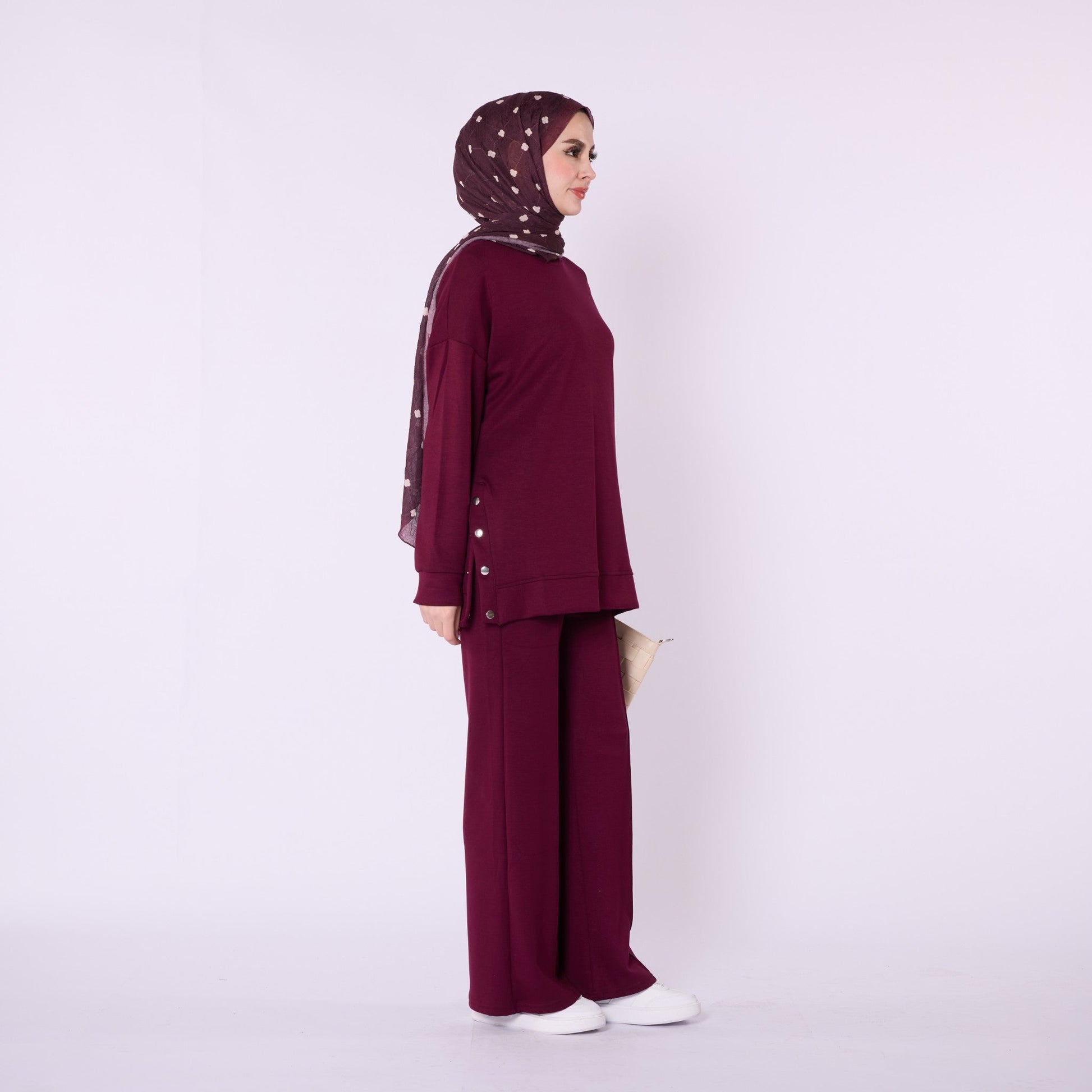 Flare Leg Jersey Two Piece Set With Snap Detail