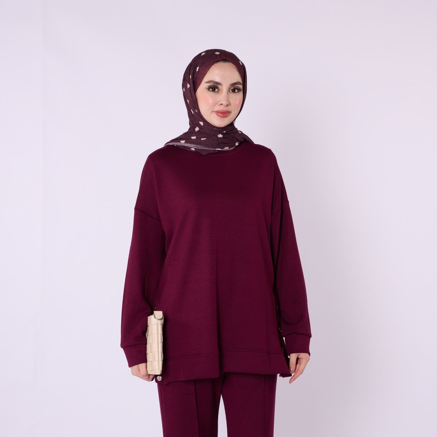 Flare Leg Jersey Two Piece Set With Snap Detail