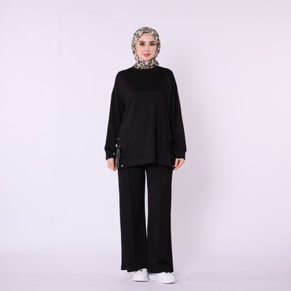 Flare Leg Jersey Two Piece Set With Snap Detail
