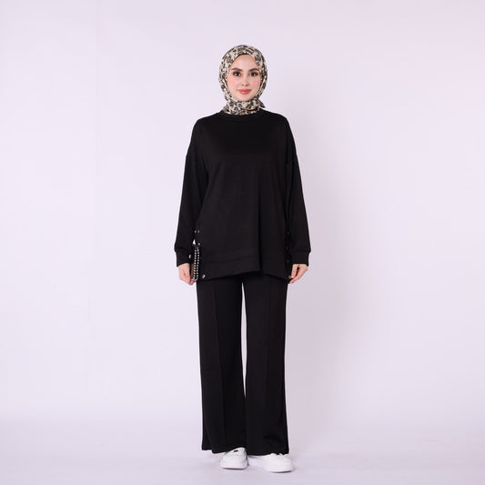 Flare Leg Jersey Two Piece Set With Snap Detail