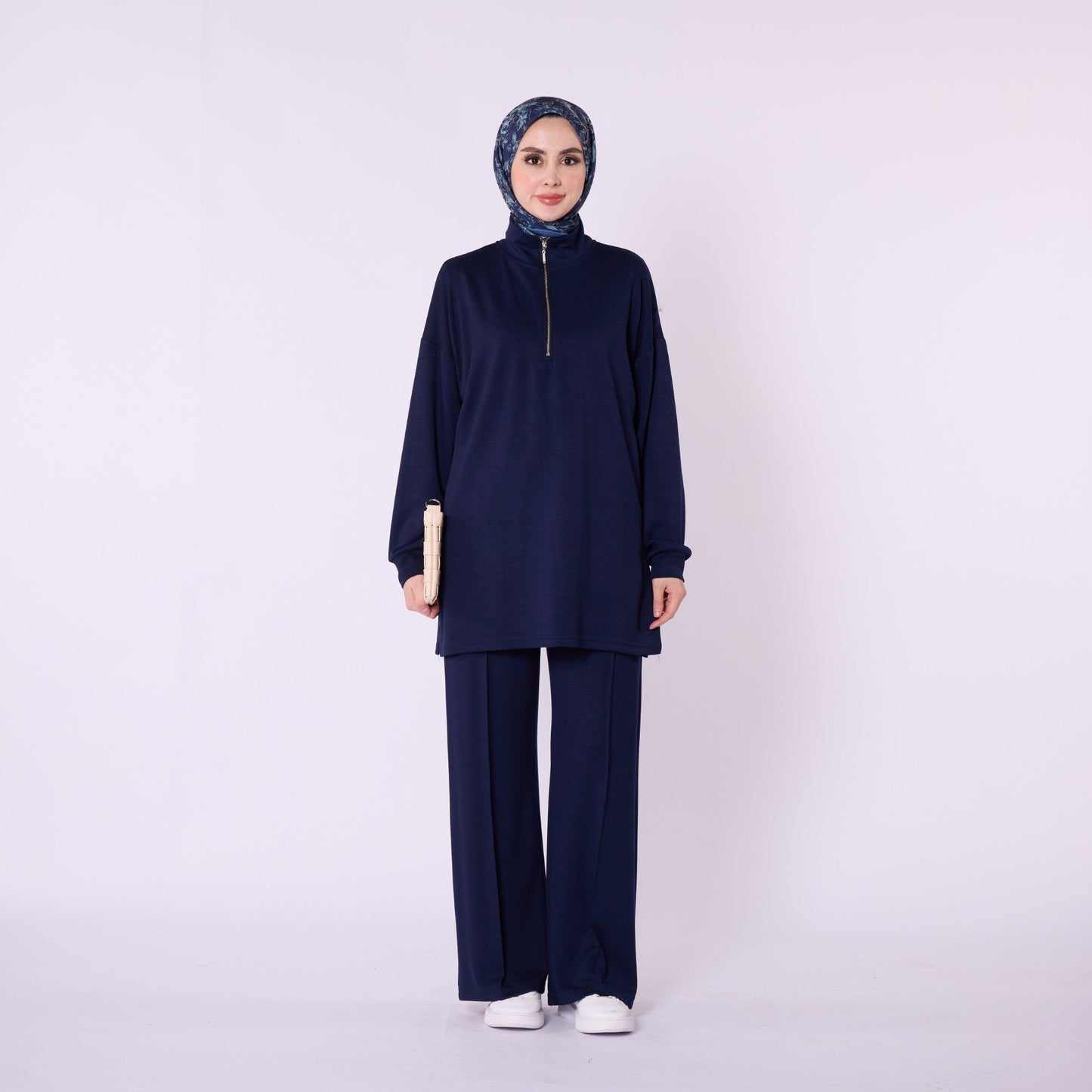 Half Zip High Neck Pants Two Piece Set With Crease Seam Detail