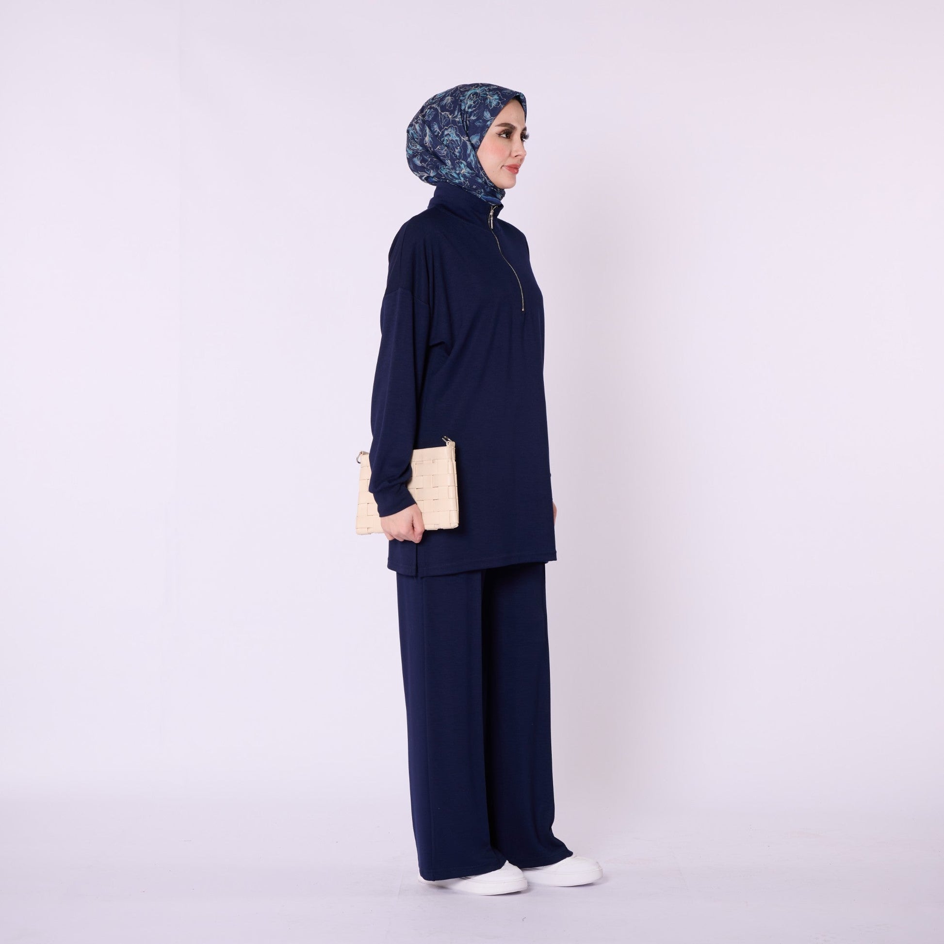 Half Zip High Neck Pants Two Piece Set With Crease Seam Detail