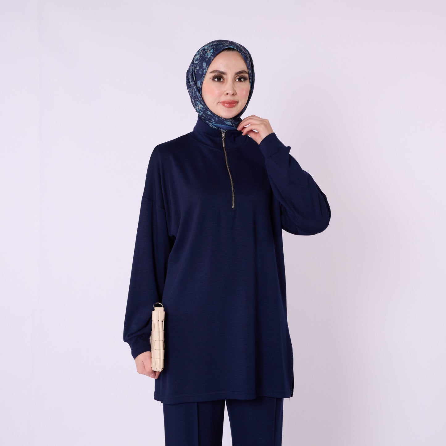 Half Zip High Neck Pants Two Piece Set With Crease Seam Detail