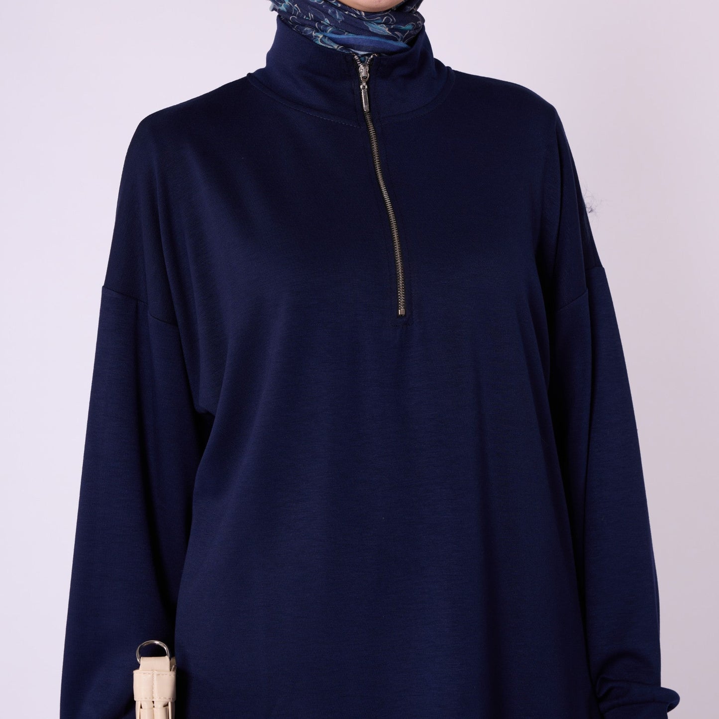 Half Zip High Neck Pants Two Piece Set With Crease Seam Detail