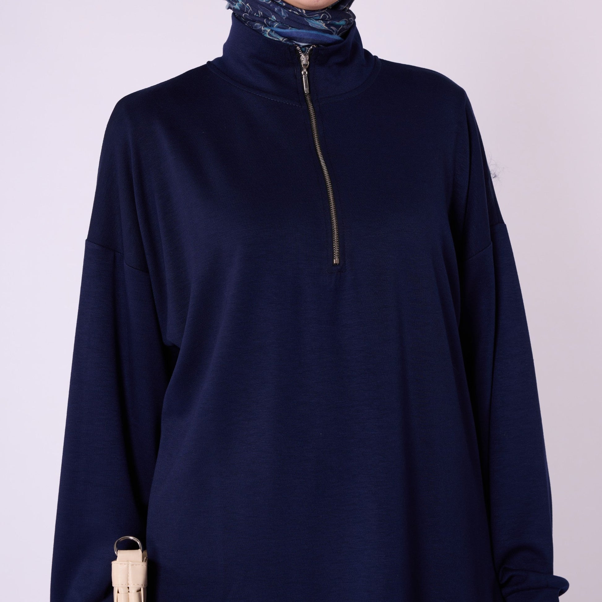 Half Zip High Neck Pants Two Piece Set With Crease Seam Detail