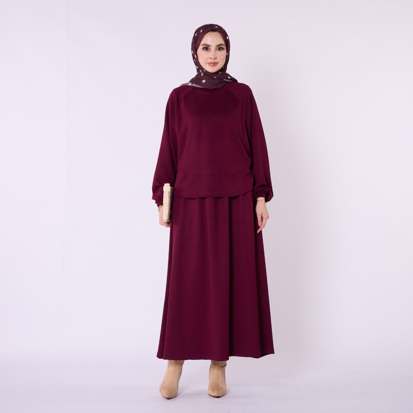Batwing Sleeve Jersey Two Piece Set With Elastic Waist Skirt