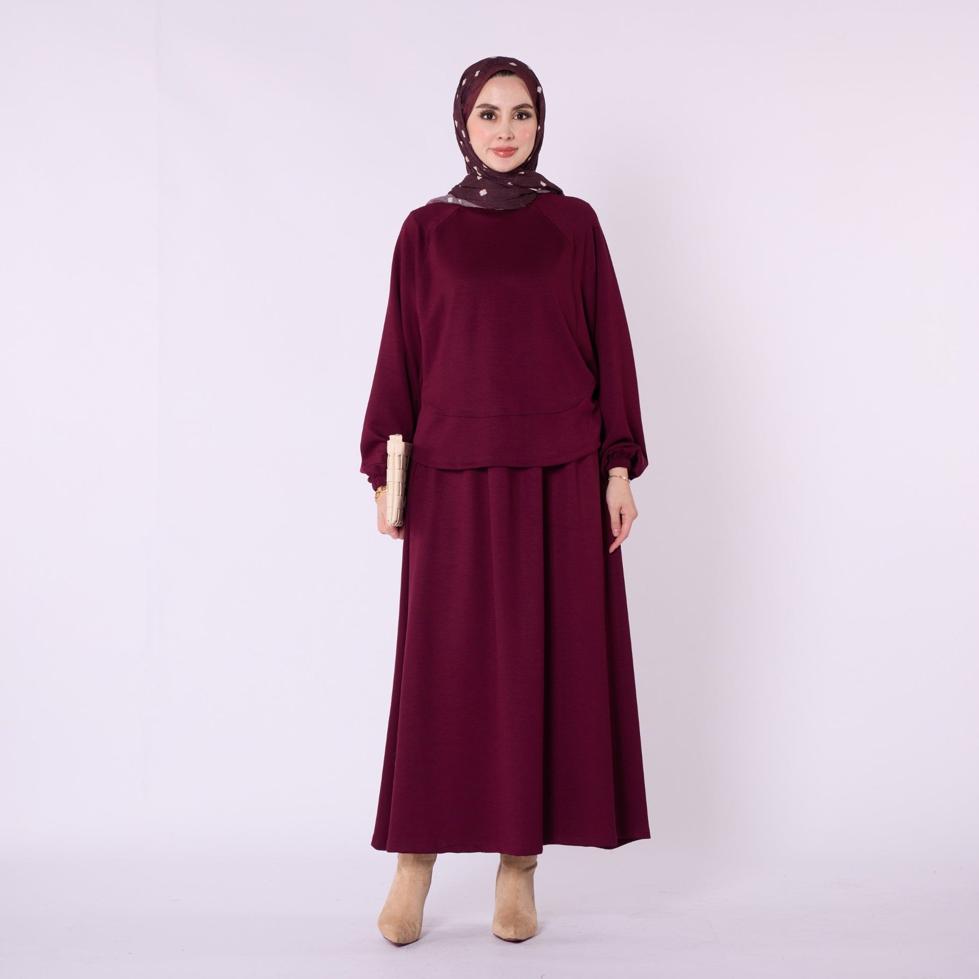 Batwing Sleeve Jersey Two Piece Set With Elastic Waist Skirt