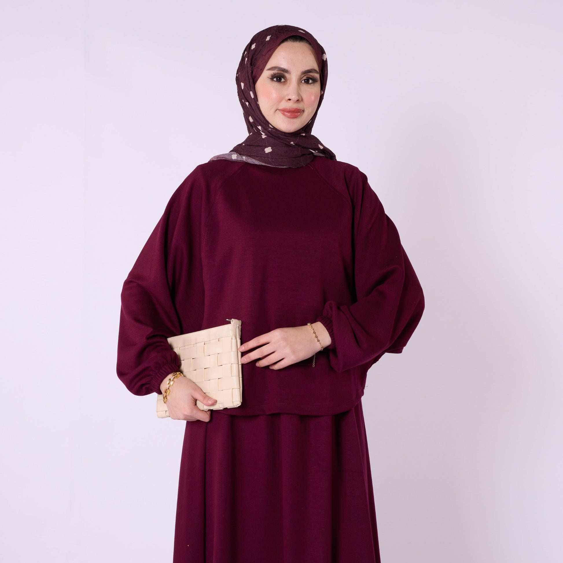 Batwing Sleeve Jersey Two Piece Set With Elastic Waist Skirt