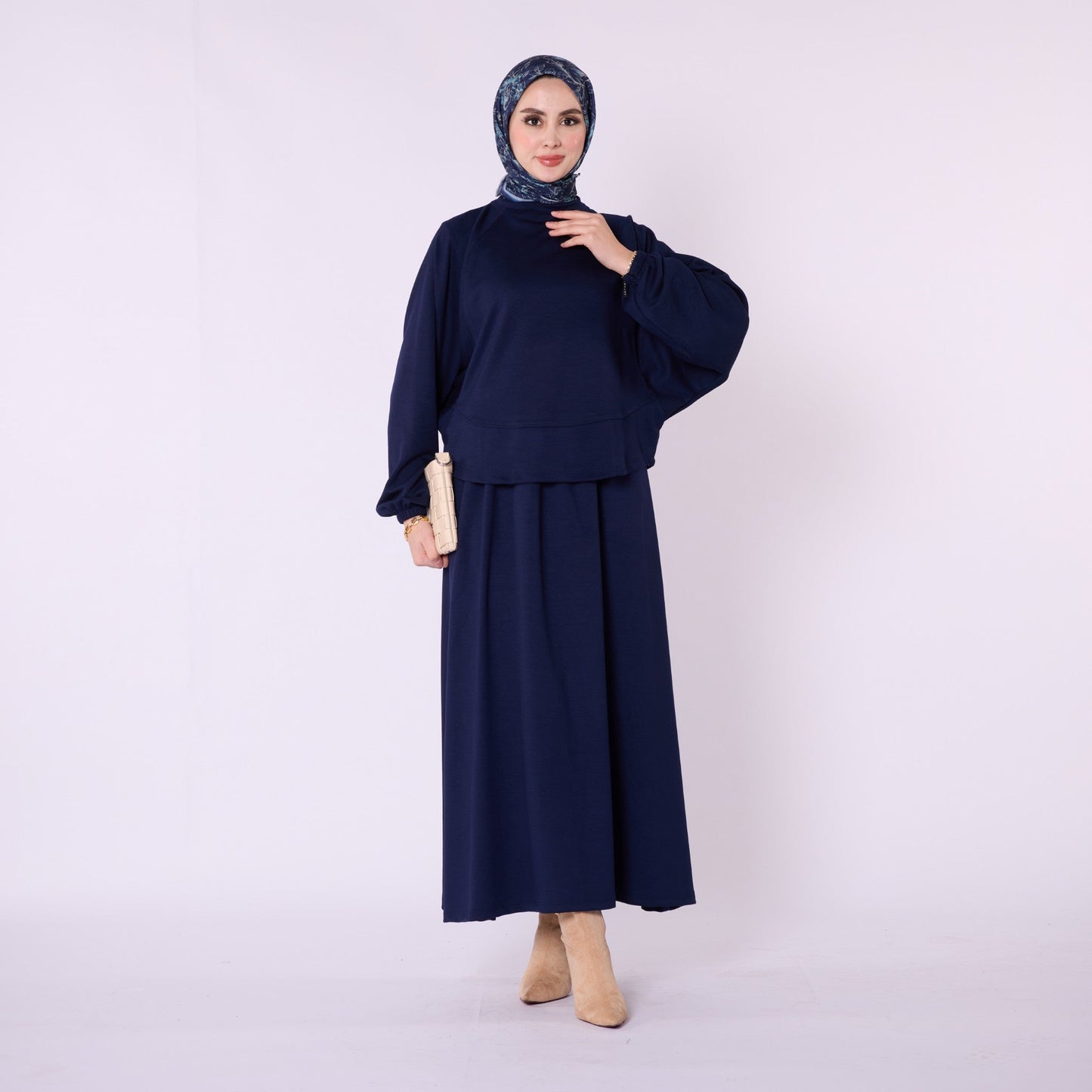 Batwing Sleeve Jersey Two Piece Set With Elastic Waist Skirt