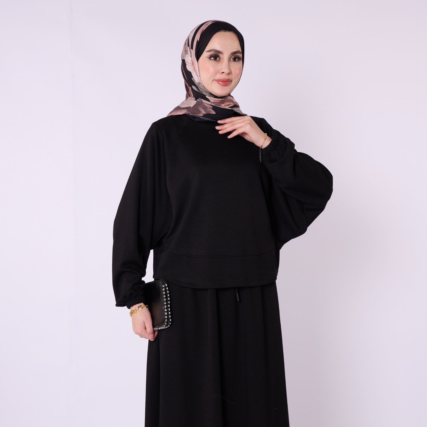 Batwing Sleeve Jersey Two Piece Set With Elastic Waist Skirt