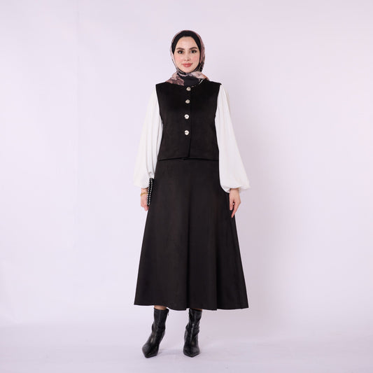 Suede Vest And Skirt Set With Metal Buttons