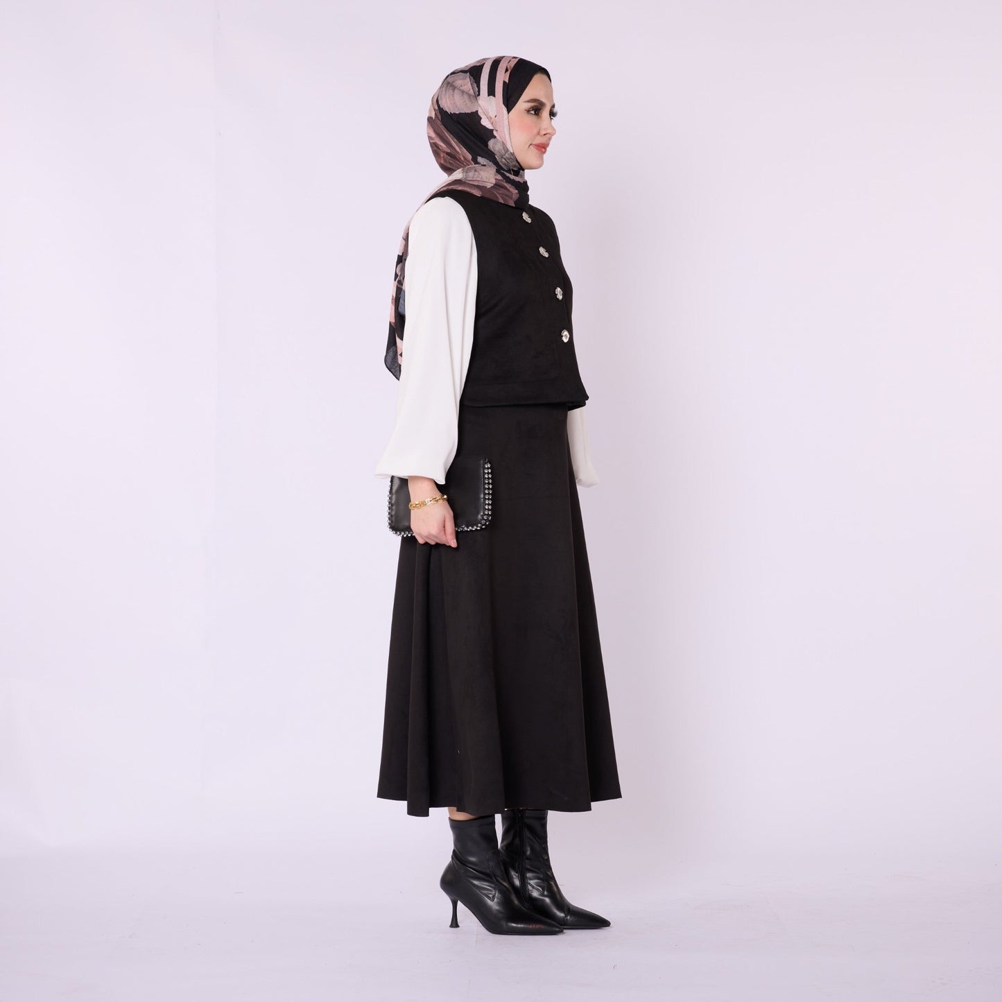 Suede Vest And Skirt Set With Metal Buttons