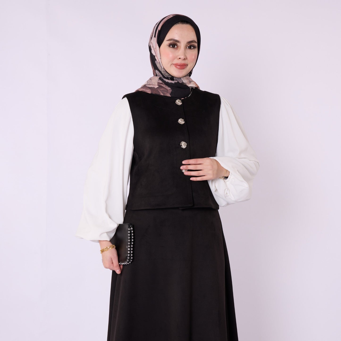 Suede Vest And Skirt Set With Metal Buttons