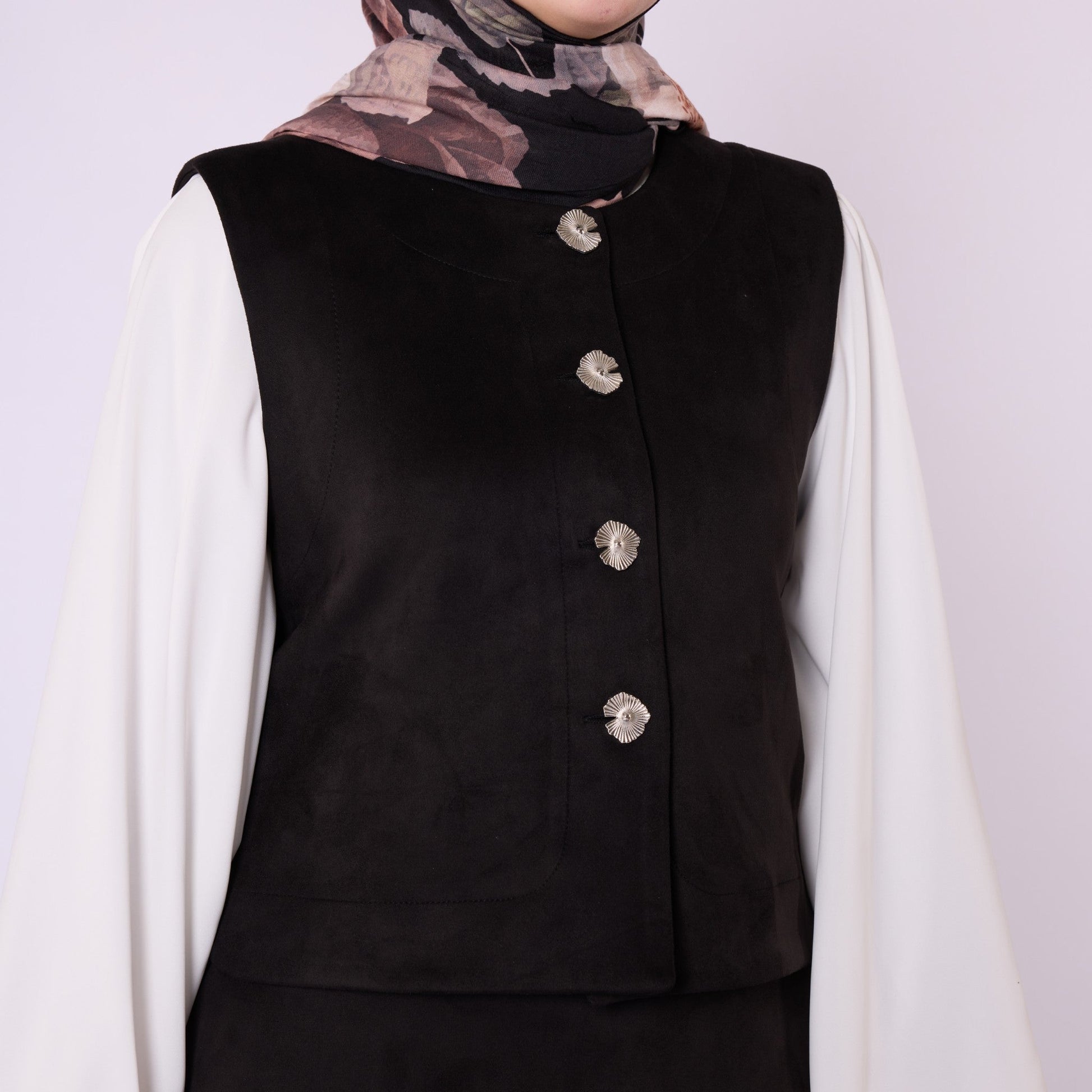 Suede Vest And Skirt Set With Metal Buttons