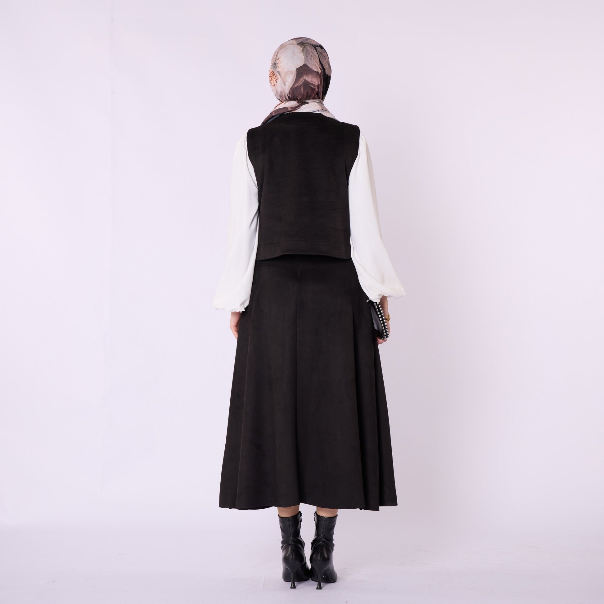 Suede Vest And Skirt Set With Metal Buttons