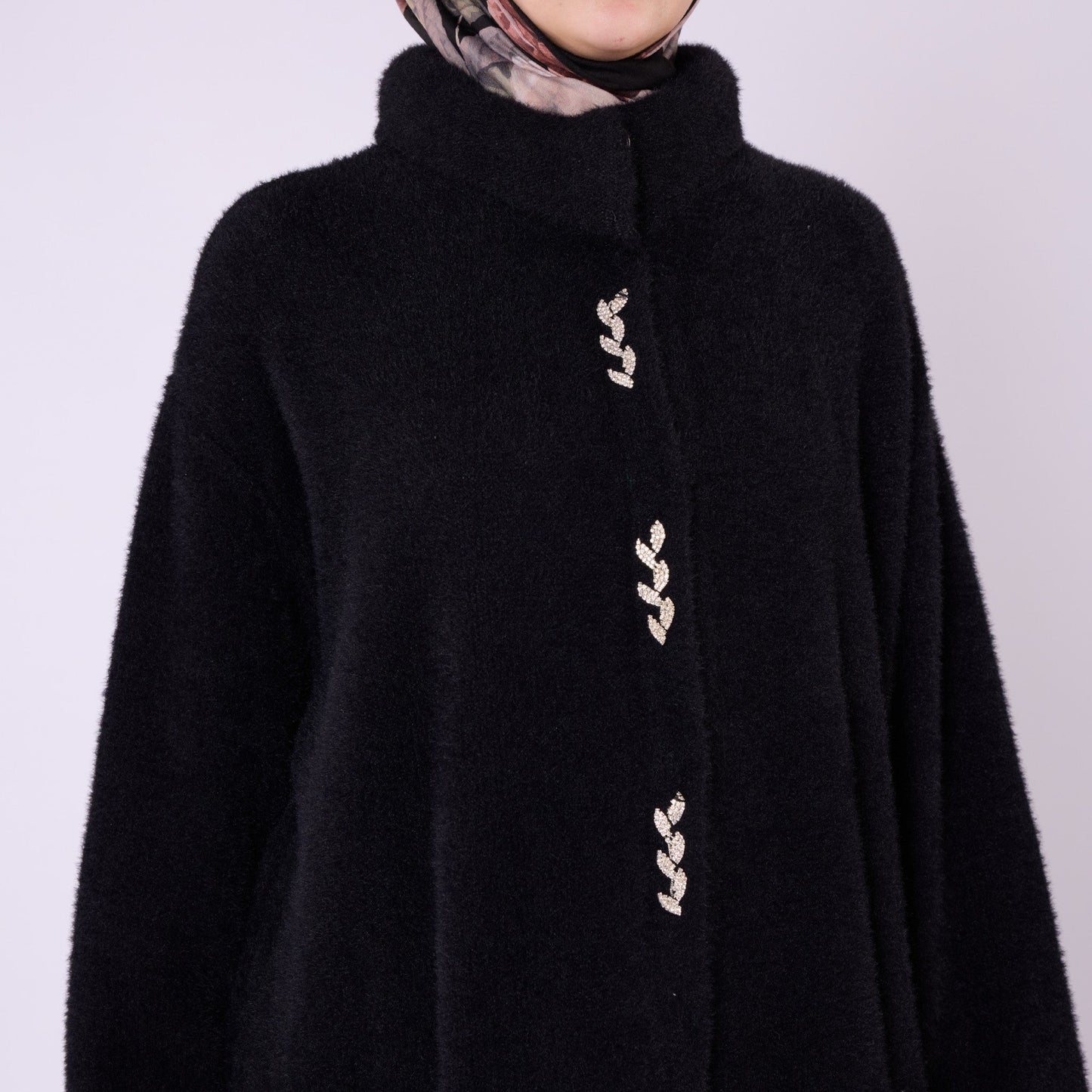 Turtleneck Chunky Knit Cardigan With Stone Detail