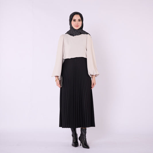 Elastic Waist Pleated Midi Skirt
