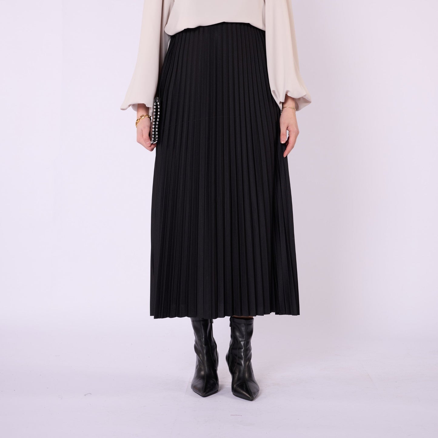 Elastic Waist Pleated Midi Skirt