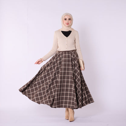 Elastic Waist Checked Long Skirt With Pleat Detail