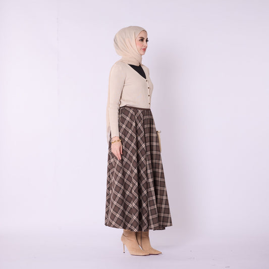 Elastic Waist Checked Long Skirt With Pleat Detail