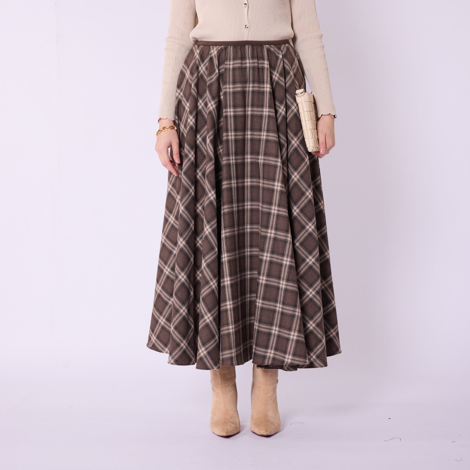 Elastic Waist Checked Long Skirt With Pleat Detail
