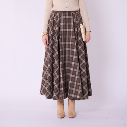 Elastic Waist Checked Long Skirt With Pleat Detail